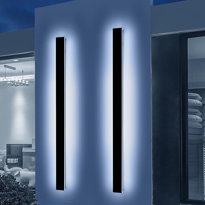 2 Pack 71inch Exterior Wall Light Fixture, 6000K Cold White Modern Long Outdoor Wall Sconce, IP65 Waterproof, 60W, Black Minimalist Outside LED Strip Lights for Garage, Patio, Balcony, Fence