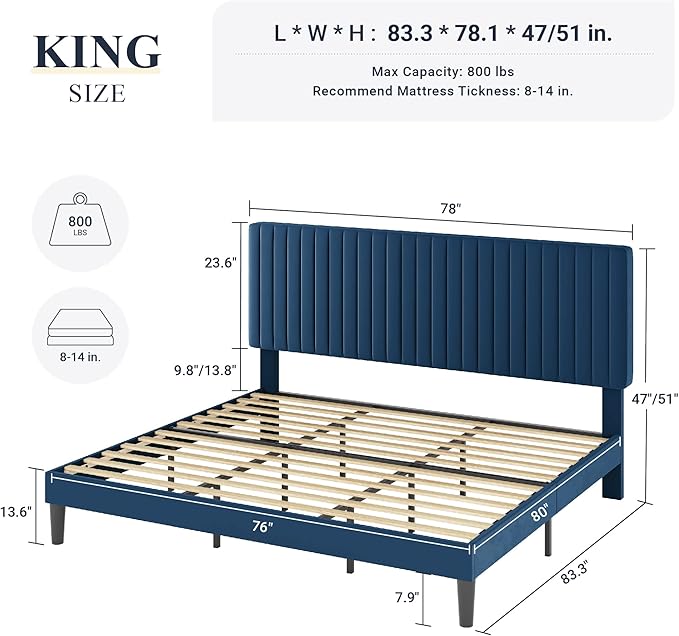 Allewie King Bed Frame, Velvet Upholstered Platform Bed with Adjustable Vertical Channel Tufted Headboard, Mattress Foundation with Strong Wooden Slats, Box Spring Optional, Easy Assembly, Navy Blue