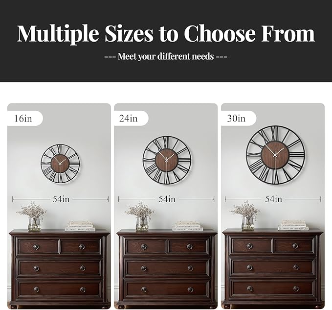 24 inch Large Wall Clock for Living Room Decor, Decorative Wood Metal Wall Clock Battery Operated Silent Non Ticking, Modern Black Round Big Clocks for Bedroom, Kitchen, Office Decor-Roman Numerals