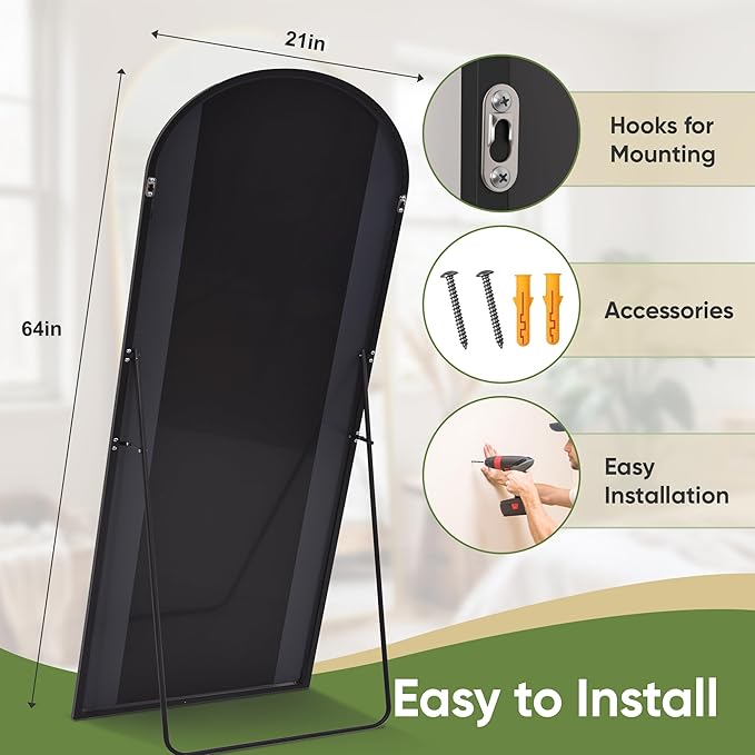 Full Length Mirror, 64"x21" Arched Full Body Mirror, Floor Mirrors with Stand, Standing Hanging Leaning Against Wall,Aluminum Frame Mirrors for Bedroom Cloakroom,Living Room,Black