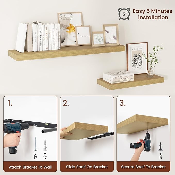 Vivelove 12 Inch Deep Floating Shelves 36 inch Long, 2 Inch Thick Wall Shelves with Invisible Brackets, Shelf for Bedroom Bathroom Living Room Kitchen Office Home Decor, Modern Shelf Set of 2, Oak