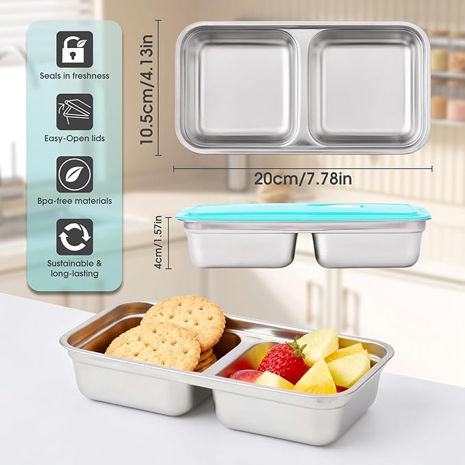 Stainless Steel Snack Containers,Food Storage,2 Compartment,Condiment Containers with Lids,Snack Containers 1 PCS
