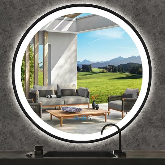 40 inch Round LED Bathroom Mirror, Black Frame, Wall Mount, Fogless, Adjustable, 3 Color Lights Smart Mirror with Anti-Fog