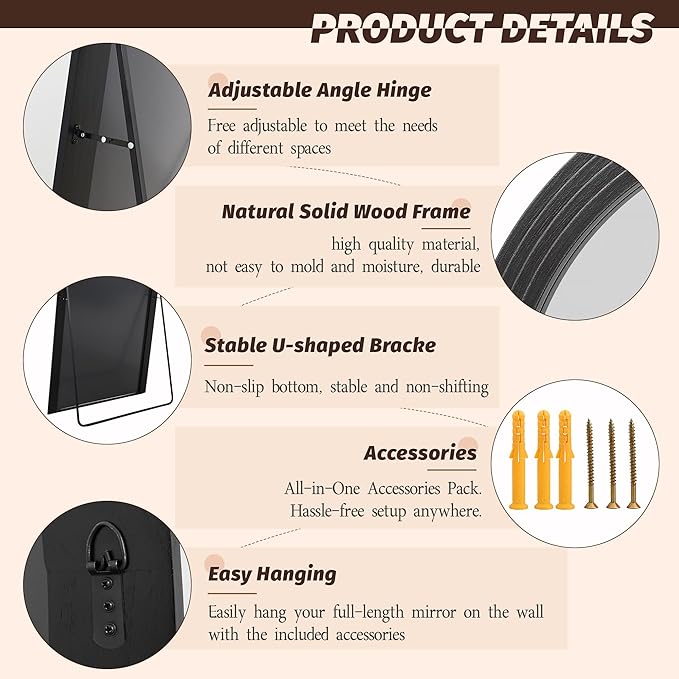 Antok Full Length Mirror 82"×44" Floor Mirror Standing Tall Mirror, Arched Stand up Large Wall Mirrors, Freestanding Full Body Mirrors for Bedroom Living Room Wood Vintage Style Black