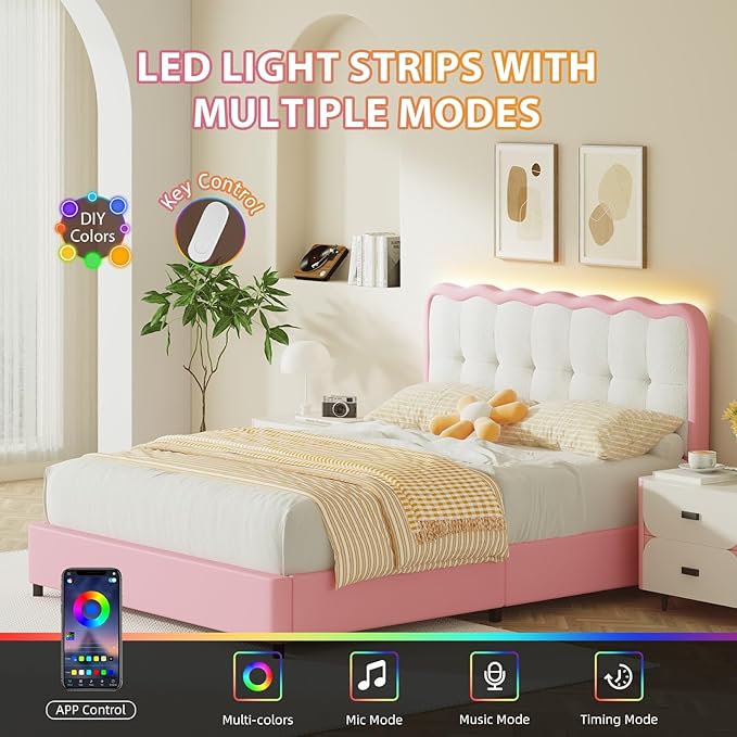 BarnFurin Queen Bed Frame with LED Lights, Queen Size Bed Frame with Headboard LED Lights, Upholstered Platform Bed with Cloud Headboard, No Box Spring Required, Easy Assembly, Pink