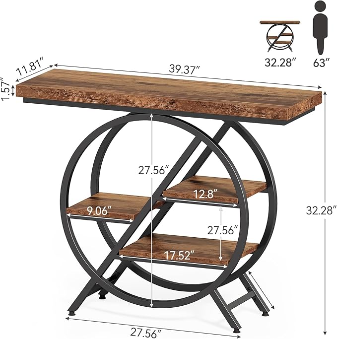 LITTLE TREE Console Table for Entryway, 39.37" Sofa Table Behind Couch, Wooden Industrial 4-Tier Narrow Accent Table with Metal Frame for Entrance, Living Room, Hallway, Foyer