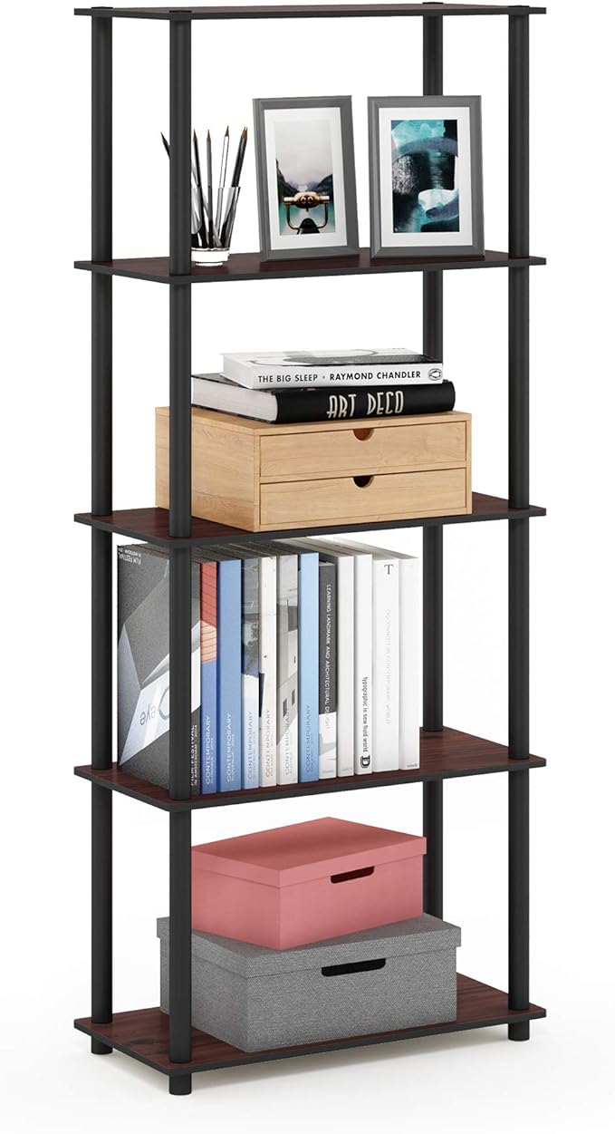 Furinno TURN-N-TUBE Storage Shelves, 5-Tier Book Shelf, Corner Shelf, Toolless Open Shelves, for Organization and Storage, Living Room, Garage, Home Office, Dark Cherry
