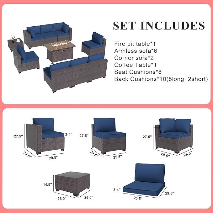 Gotland 10 Pieces Patio Furniture Set with Fire Pit Table, All Weather Rattan Outdoor Furniture with 29.5'' High Backrest 4’’ Thick Cushions Coffee Table, Outdoor Sofa for Deck, Garden, Backyard, Navy