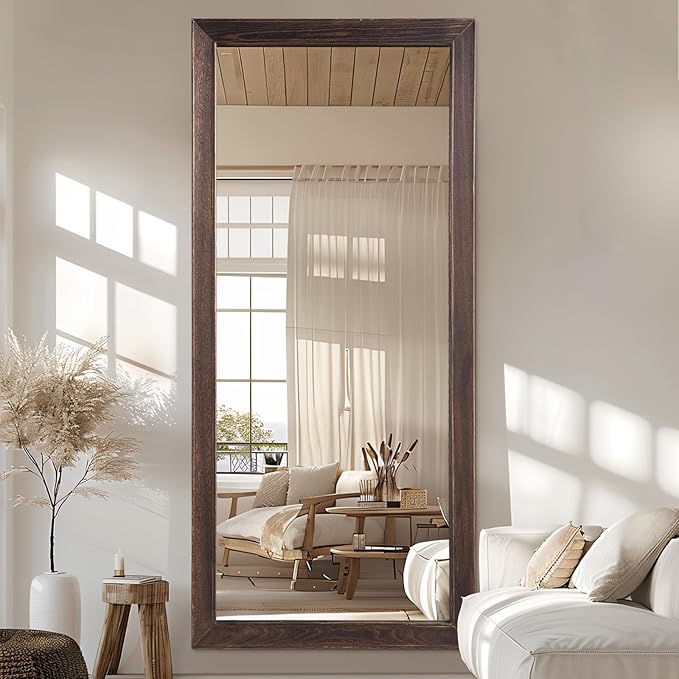 MELOMOIR 71"x32" Rustic Farmhouse Full Length Mirror with Wood Frame, Free Standing Leaning or Hanging, Suitable for Bedroom Living Room Home Gym Cloakroom, Charcoal-Grilled Brown