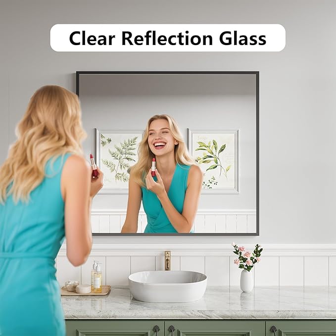Bathroom Mirror 36x40 Black Bathroom Wall-Mounted Mirrors, Modern Vanity Mirror for Bedroom, Living Room, Aluminum Alloy Frame Allow to Hang Horizontally or Vertically