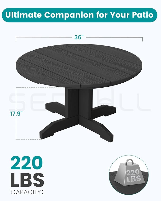 SERWALL 5-Piece Outdoor Round Coffee Table Set - 1 Table & 4 Adirondack Chairs with Cup Holders (Black)