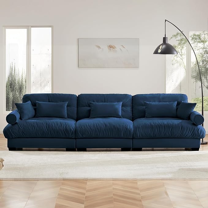 130" Oversized 3 Seater Modular Sectional Sofa, Blue Large Sectional Couch for Living Room, Velvet Cloud Couch with 5 Pillows, Deep Seat Sofa