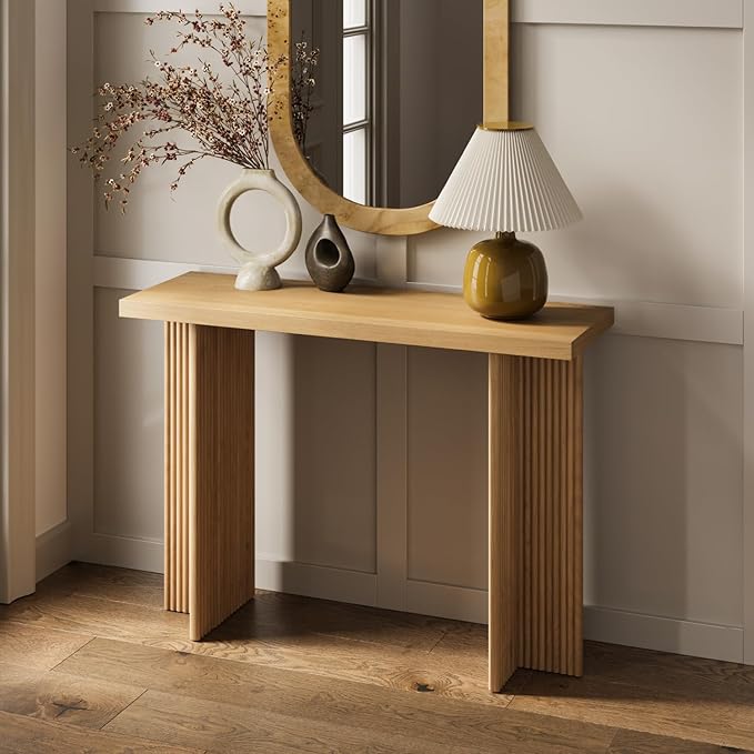Modern Console Table - Natural Oak, Fluted Solid Wood - Slim Entryway Table with Drawers & Curved Cross Base