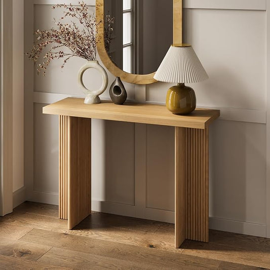 Modern Console Table - Natural Oak, Fluted Solid Wood - Slim Entryway Table with Drawers & Curved Cross Base