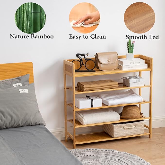 Bamboo Shoe Rack Organizer, 5 Tier Shoe Shelf Storage Organizer, for Entryway, Hallway, and Closet (Nature)