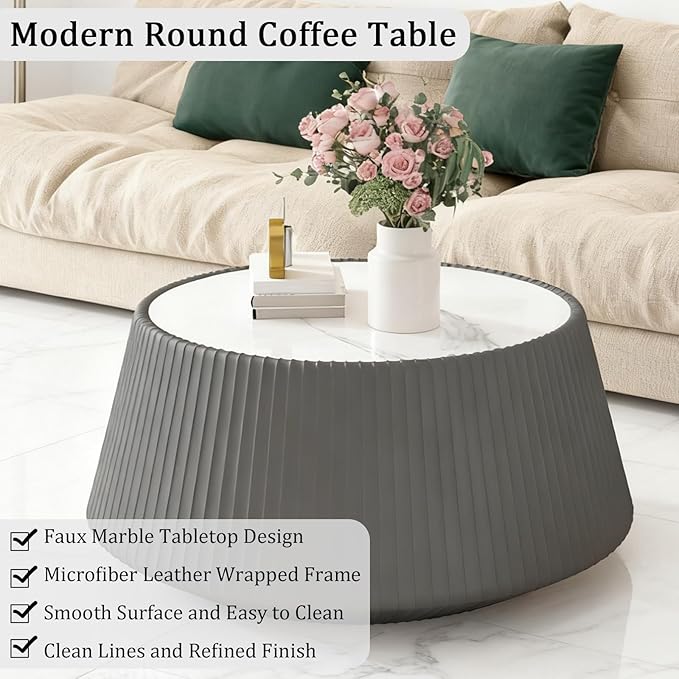 Round Coffee Table Set with Sintered Stone Tabletop, 26.77" Grey Drum Center Table and 19.68" Grey Coffee Table Set, 2 Pieces Living Room Table Set with Fluted PU Leather Cover& Stable Base