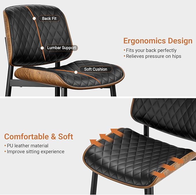 Dining Chairs Set of 6, FSC Certified Mid Century Modern Accent Dining Room and Kitchen Chairs, Upholstered PU Leather Diamond Check Chairs with Walnut Bentwood and Metal Legs, Black