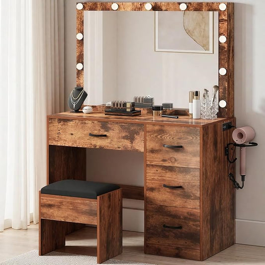 YITAHOME Vanity Desk with Mirror and Lights, Makeup Vanity Set for Dressing Room, Makeup Table with Power Outlets & Cushioned Stool, 11 LED Bulbs