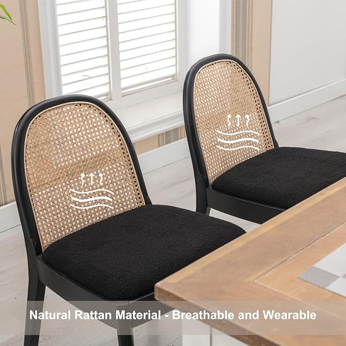 HEAH-YO Rattan Dining Chairs Set of 4, Upholstered Sherpa Dining Room Chairs with Backrests, Modern Kitchen Chairs with Wood Legs for Dining Room, Black