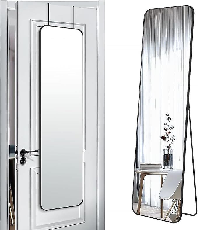 57x16 Door Hanging Full Length Mirror, Floor Stand (Height 5.7ft just Body in1.3ft) Wall Mounted Metal Frame Rectangle Dressing Mirrors for Bedroom Bathroom Room 57 inch Black