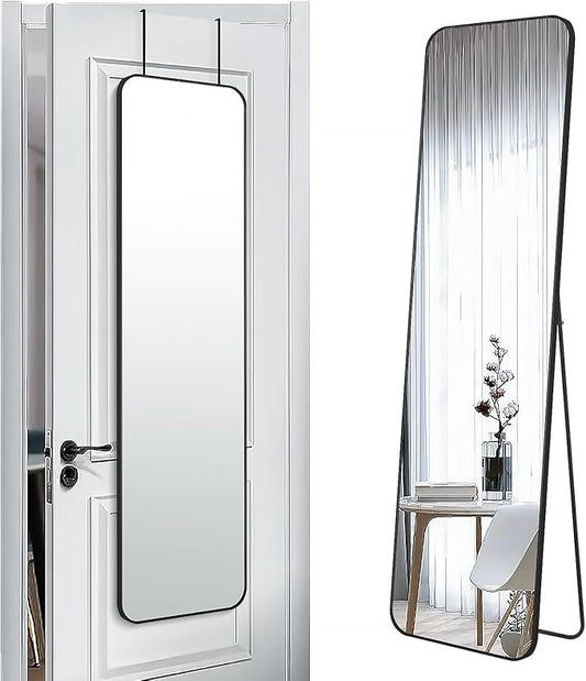 57x16 Door Hanging Full Length Mirror, Floor Stand (Height 5.7ft just Body in1.3ft) Wall Mounted Metal Frame Rectangle Dressing Mirrors for Bedroom Bathroom Room 57 inch Black