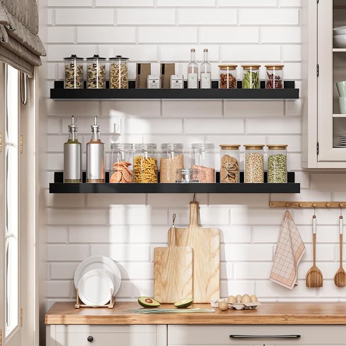 Heimlove Floating Shelves Set of 6, 24" Wall Mounted Picture Ledge, Display Shelf Organizer for Decor Storage, Wall Mounted Shelves for Living Room, Bedroom, Bathroom, Kitchen (Black)