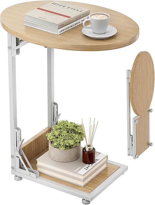 Elbourn Folding Side Table End Couch Tables, C-Shaped End Table for Living Room, Small End Table for Bedroom, Coffee Table(Nature Wood Color)