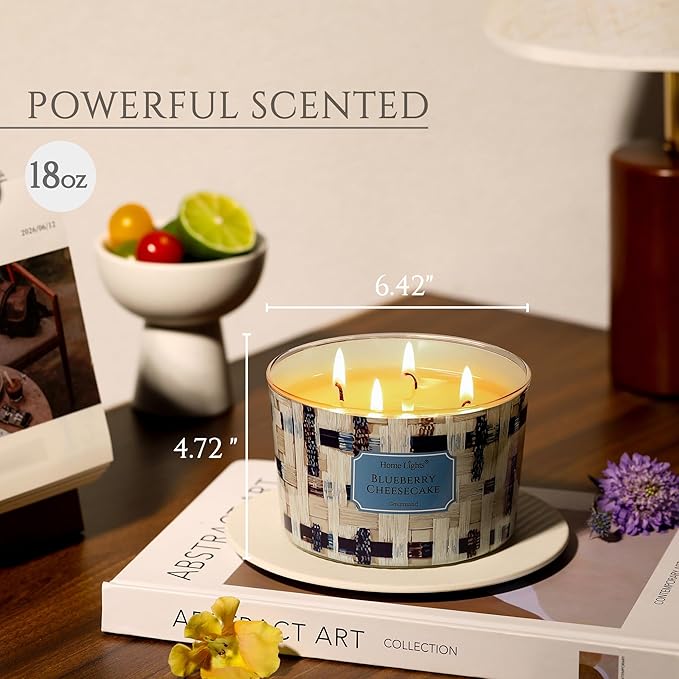 HomeLights Scented Candles for Women & Men, 18oz Candle Jars Aromatherapy 4-Wick Candle, Ideal for Rustic Modern Home Decor and Gifts, Blueberry Cheesecake
