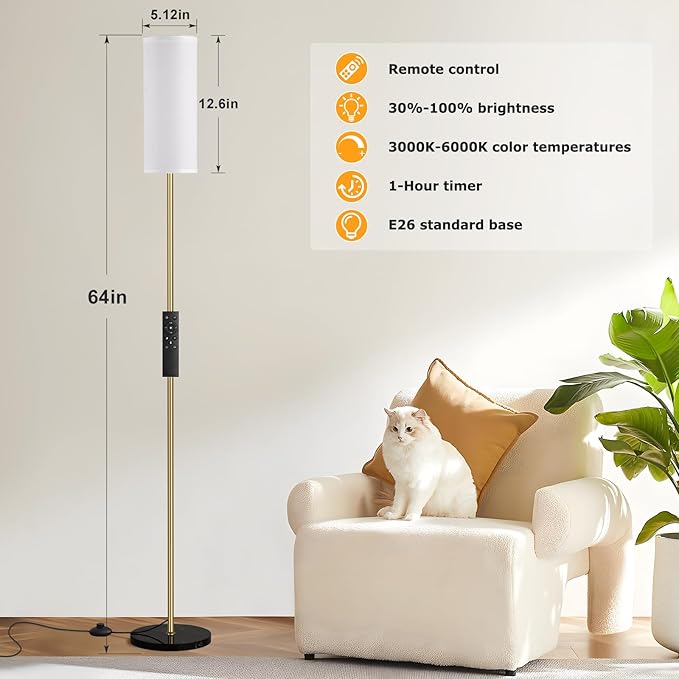Ambimall 64'' Floor Lamps for Living Room with Remote Control and Stepless Dimmable Colors Temperature & Brightness, Gold Standing Lamp with Black Marble Base