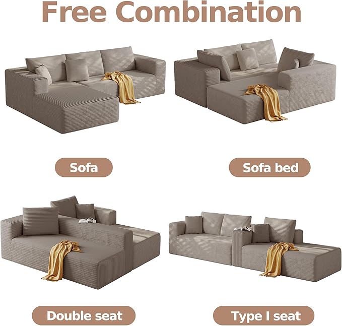 108'' Modular Sectional L-Shaped with Chair,Deep Seat Boneless Corner Couch for Living Room,Plush Corduroy Couch with Detachable Sofa Set,No Assembly(Left Facing Chaise,Camel)