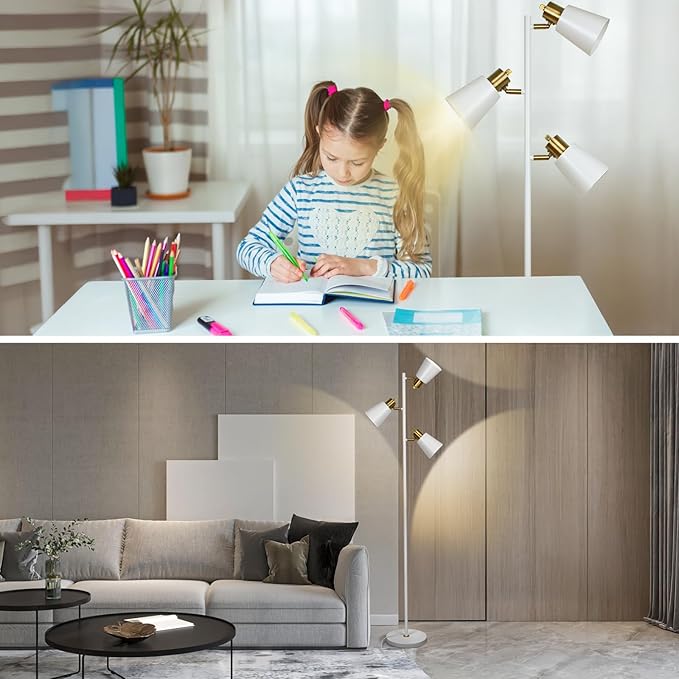 Tree Floor Lamp for Living Room, Industrial 3-Light Standing Lamp with 3 LED Bulbs, Adjustable Rotation Heads, Standing Tall Pole Lamp Farmhouse Rustic Reading Lamps for Bedroom Office (White Gold)