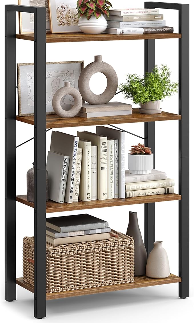 VASAGLE 4-Tier Bookshelf, Bookcase with Steel Frame, Book Shelf for Living Room, Home Office, Study, 11.8 x 26 x 47 Inches, Industrial Style, Rustic Brown and Ink Black ULLS60BX