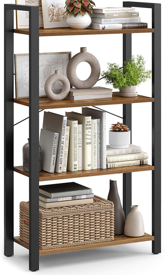 VASAGLE 4-Tier Bookshelf, Bookcase with Steel Frame, Book Shelf for Living Room, Home Office, Study, 11.8 x 26 x 47 Inches, Industrial Style, Rustic Brown and Ink Black ULLS60BX