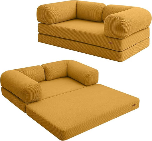 COMAX Folding Sofa Bed, 4-in-1 Convertible Foldable Floor Couch Futon Sofa with Armrests, Sleeper Mattress Fold Out Chair Bed Comfy Portable Lounge Guest for Living Room Bedroom, Yellow