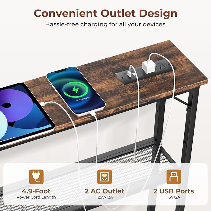 Tatub 39.4" Behind Couch Table with 2 Power Outlets and Led Light, Rustic Narrow Console Industrial 2 Tier Skinny Entryway Sofa Table with Metal Frame for Living Room