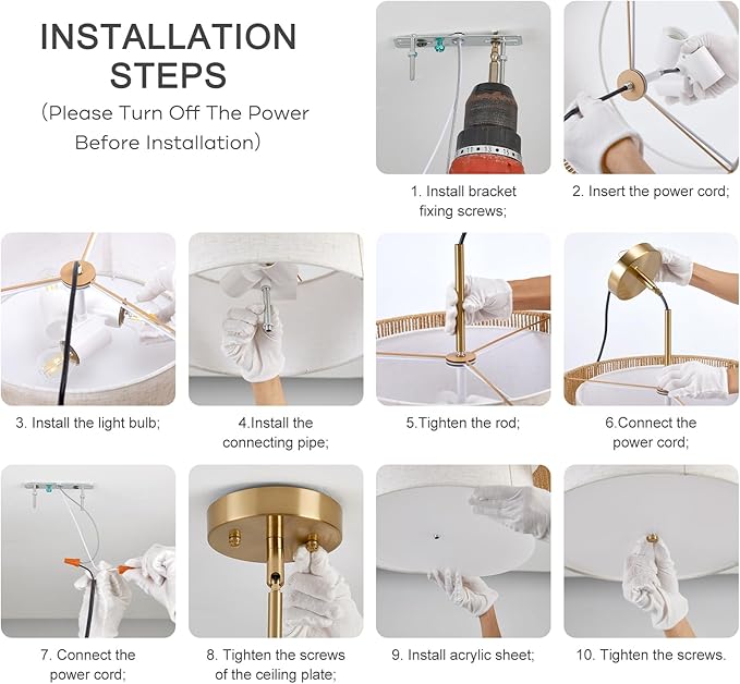 18" Drum Chandelier Dining Room Light Fixture with Rattan Shade,3-Light Modern Kitchen Table Light Fixture for Bedroom, Bathroom, Living Room