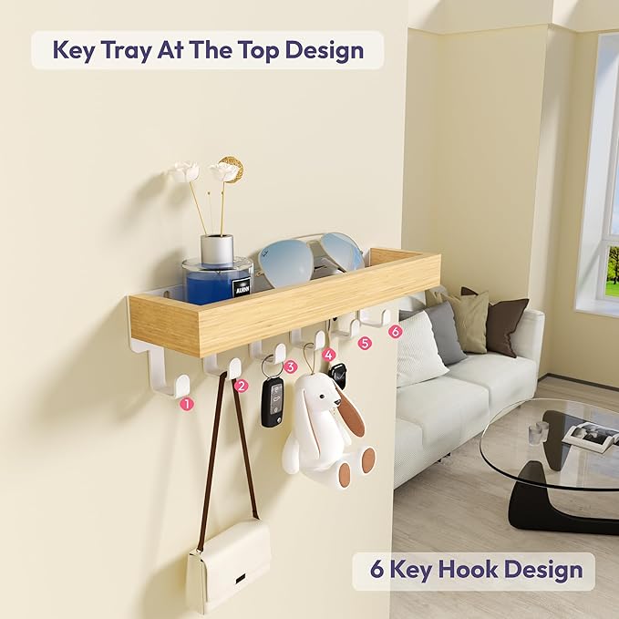 SWTYMIKI Key Holder Wall Mount-Wooden Key Hooks for Wall with Mail Organizer & 6Hooks, 2Installation Ways Key Hanger, Key Rack with Shelf for Entryway Living Room Bedroom Home Decor Wood White Hook