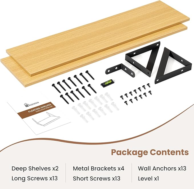 Axeman 32 Inch Floating Shelves | 8 Inch Deep Oak Wall Shelves Set of 2 | 31.5W x 8D Rustic Wood Shelves for Bookshelf Living Room Bedroom Home Office Bathroom