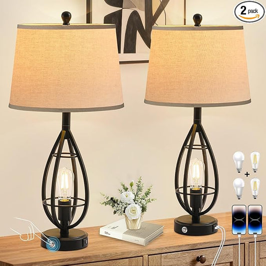 27.8" Farmhouse Table Lamps for Living Room Set of 2, Rustic Nightstand Lamps for Bedroom End Tables with USB Ports, 3-Way Dimmable Touch Industrial Bedside Lamps, Bulbs Included(Black)