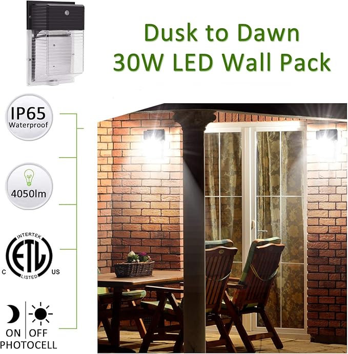 LED Wall Pack Light,30W 4050lm 5000K Dusk to Dawn Photocell,IP65 Waterproof, 400W Equiv. AC100-277V, ETL Listed Outdoor Security Exterior Photocell Lights