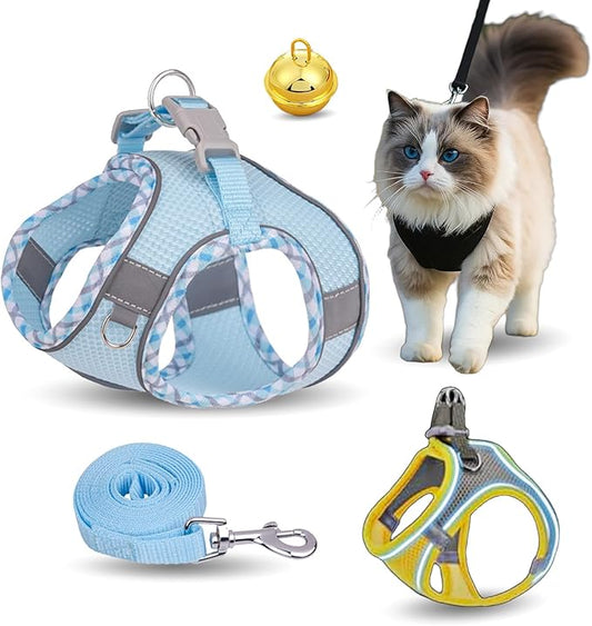 Stimulicat Cat Harness, Stimuli Cat Harness Design for Outdoor Cats, Adjustable Soft Mesh Vest Harness Escape Proof with Reflective Safety Strips, Allowing Cats to Safe (Lattice-Sky Blue, XS)
