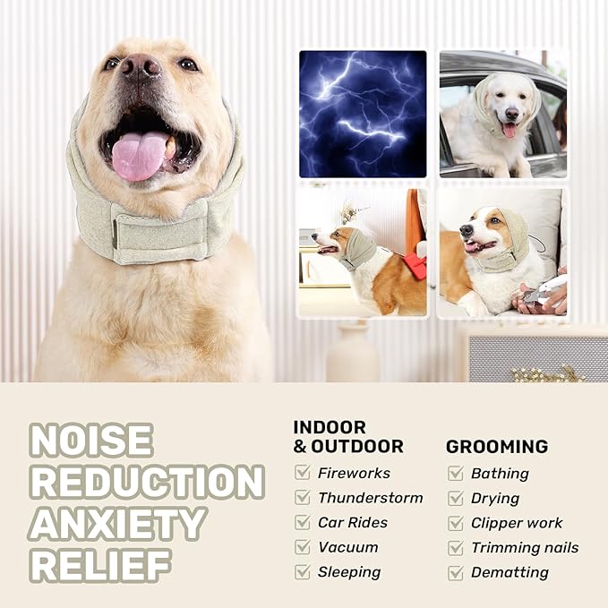 Dog Calming Hoodie, No Shake Ear Wraps for Dogs, Adjustable Dog Ear Muffs for Noise Protection, Ear Wrap Head Cover for Anxiety Relief & Hematoma (Pearl White, S(Head Circle:9.8"-14.9"))