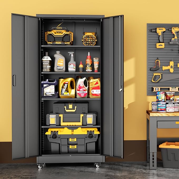 INTERGREAT Metal Storage Cabinet with Wheels, 73" H Rolling Metal Cabinets with Doors and Shelves, Black Steel Lockable Cabinet on Wheels for Garage Storage
