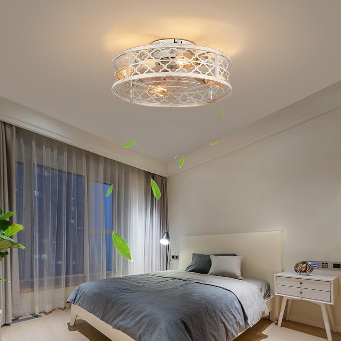 Farmhouse Ceiling Fans with Lights Remote Control,6 Speed Reversible Flush Mount Low Profile Rustic Antique White Ceiling Fan with Light,Boho Bladeless Country Caged Ceiling Light Fixture