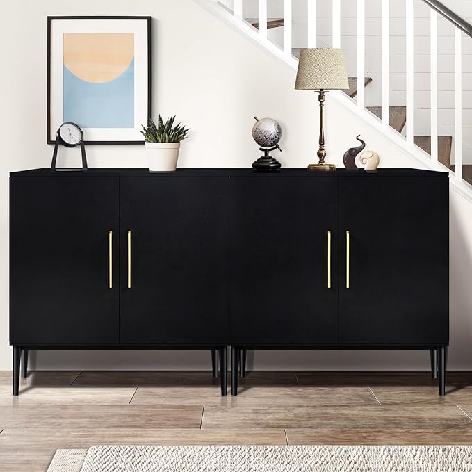 Modern Black Accent Storage Cabinet with Doors, Free Standing Wooden Buffet Sideboard for Bedroom, Kitchen, Home Office