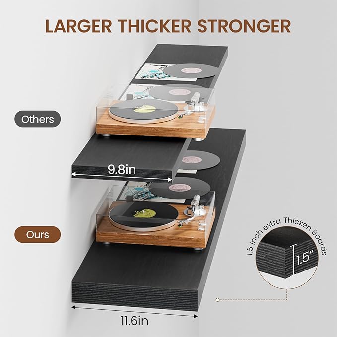 Heimlove 48W x 12D Long Floating Shelf, 12 Inch Deep Black Floating Shelves for Wall Set of 2, Wood Shelves for Bedroom Living Room Bathroom Kitchen Home Office, Wall Shelves with Heavy Duty Bracket