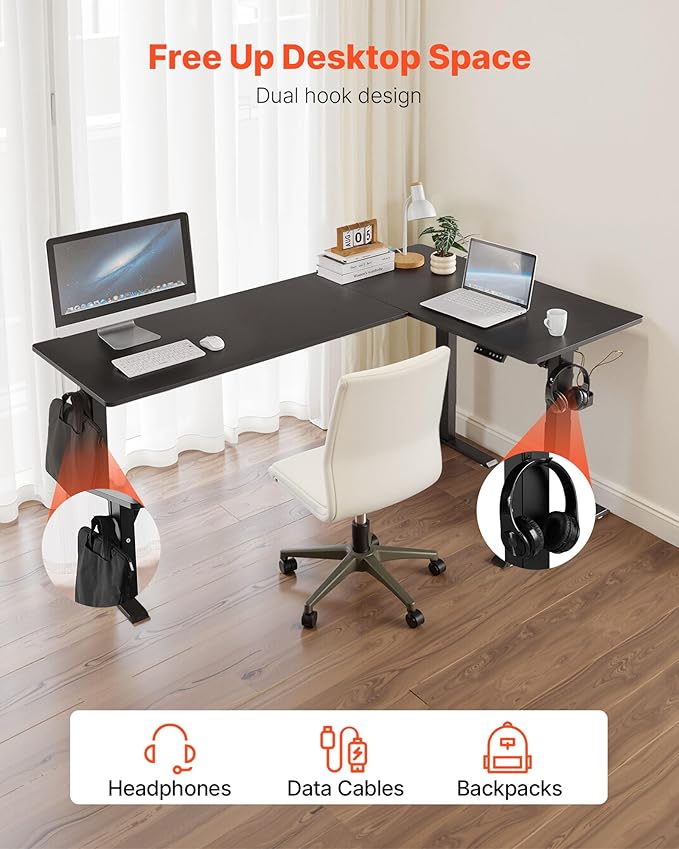 VEVOR L Shaped Standing Desk 71 x 47 inch, 3 Memory Height Adjustable, Electric Corner Standing Desk with Dual Motor, 2 Hooks & Cable Hole, Heavy Duty Carbon Steel Sit Stand Computer Workstation Table