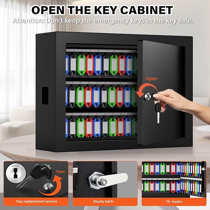 75 Keys Key Lock Box Wall Mount with 75 Colored Key Tags, Anti-Theft Key Box Key Cabinet with Side Opening, Key Organizer Key Safe for Home Office Garage Rental Business