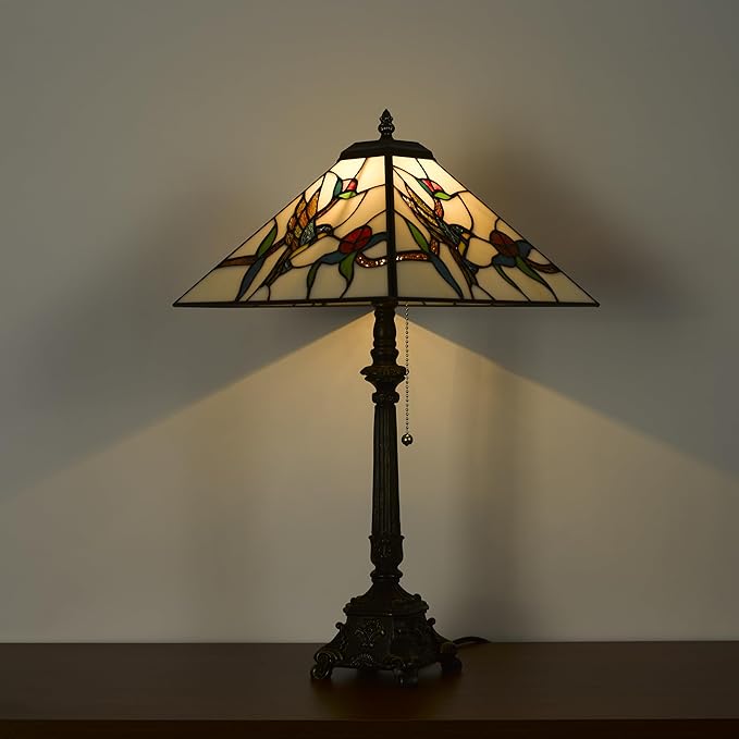 Tiffany Table Lamps White Stained Glass Hummingbird Style Mission Desk Lamp 12X12X24 Inch Bronze Resin Base