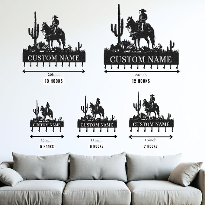 Personalized Key Holder for Wall, Custom Metal Cowboy Key Hooks with Name, Meta Jacket Holder Hooks Organizer Rack, Jacket Hanger Decor for Kitchen, Entryway, Hallway, Office, Doorway
